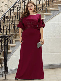 Burgundy plus size formal dress short sleeves chiffon with silver detail.
