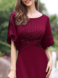 Burgundy formal dress short sleeves chiffon with silver detail.