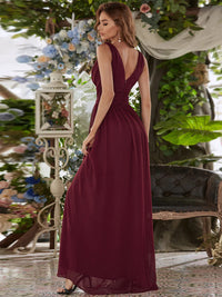 Burgundy red bridesmaid dress with double v-neck and chiffon.