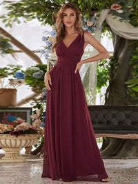 Burgundy red bridesmaid dress with double v-neck and chiffon.