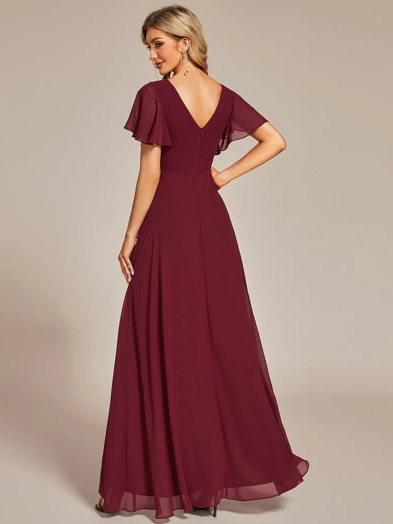Burgundy red plus sized bridesmaid dress with high low ruffle and chiffon.