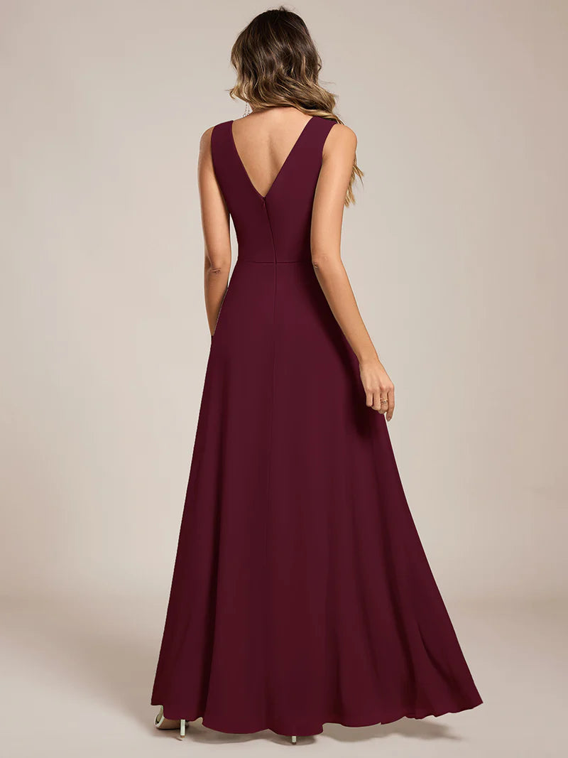 Burgundy red bridesmaid dress, sleeveless A-line chiffon dress with split.