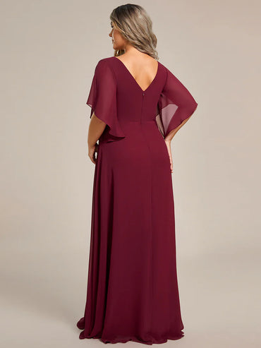 Burgundy red embroidered mother of the bride or bridesmaid chiffon sleeve dress.