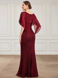 Burgundy Red Mother of the Bride dress with fishtail finish, lace with chiffon cape ruffle sleeves. Graceful Elegance bridal shop services Logan, Brisbane, Gold Coast, Scenic Rim.
