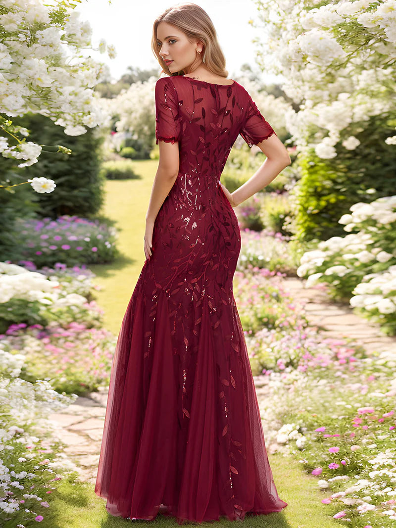 Burgundy red Mother of the bride dress, short sleeve with tulle, lace and sequin detailing.