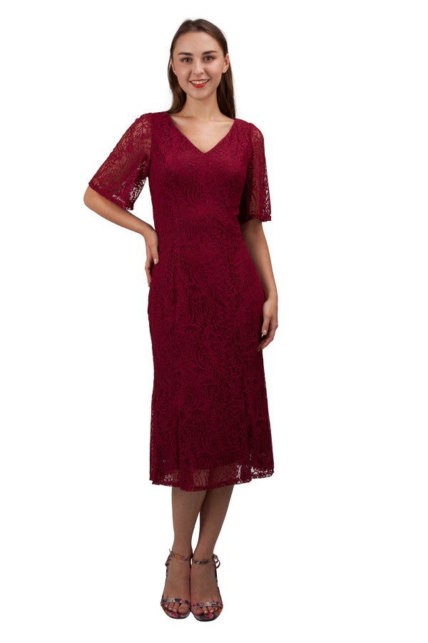 Burgundy red mother of the bride short sleeve lace midi dress by Miss Anne available in plus size.