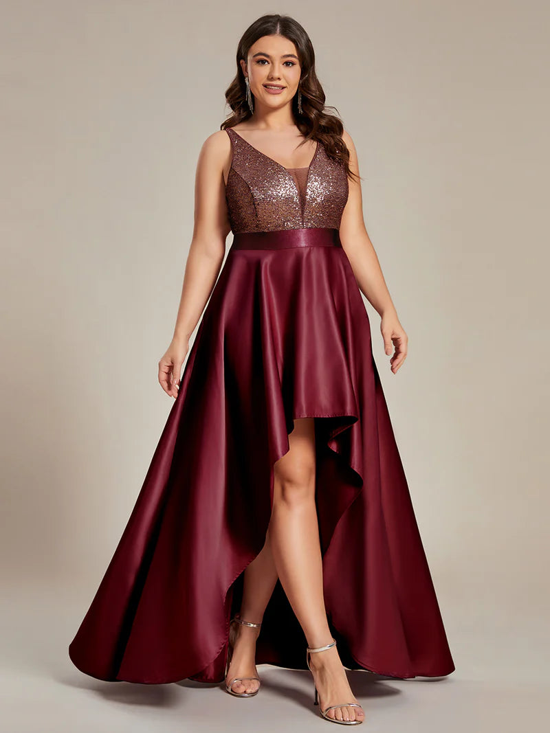 Burgundy red plus size hi low sleeveless satin formal or mother of the bride dress with bodice detailing.