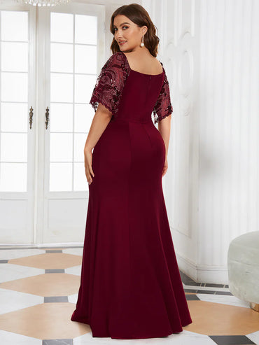 Burgundy red Plus size formal, mother of the bride, evening dress with lace sleeves, v-neck and fishtail.