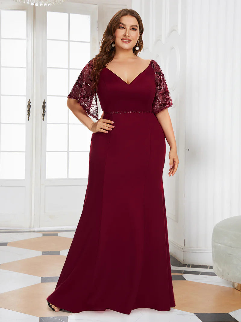 Burgundy red Plus size formal, mother of the bride, evening dress with lace sleeves, v-neck and fishtail.