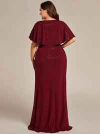Burgundy red plus size sparkly v-neck short sleeve, maxi  formal or mother of the bride dress with belt.