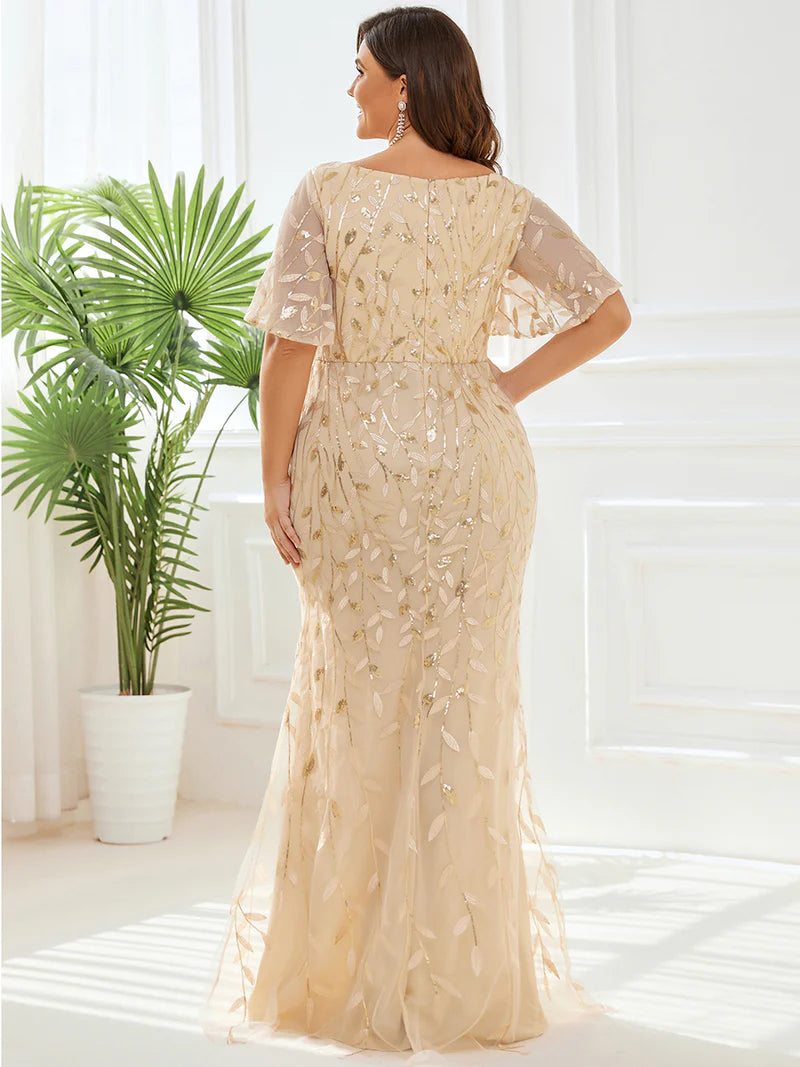 Champagne Plus Size Mother of the bride dress with tulle, sequins and lace ruffle sleeves.