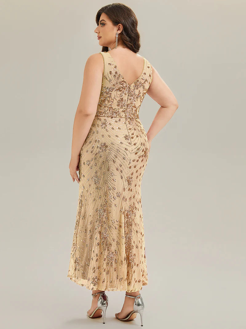 Champagne plus size formal dress with sequins and split.