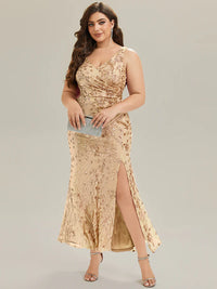 Champagne plus size formal dress with sequins and split.