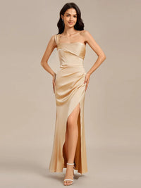 Champagne satin formal dress or bridesmaid dress in an off shoulder  design with a split.