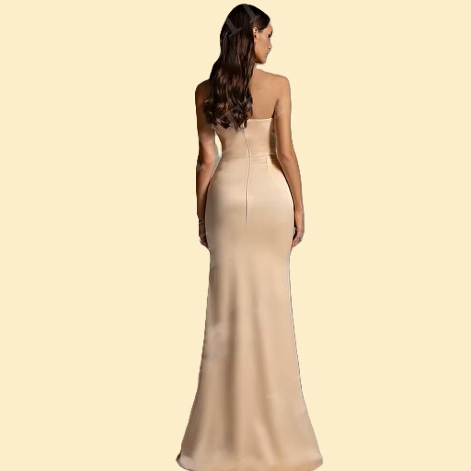 Champagne strapless satin formal dress sheath style with mermaid tail.