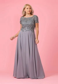Charcoal grey Mother of the Bride dress with short lace sleeves and chiffon skirt.