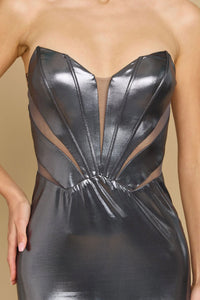 Charcoal silver leather strapless corset mermaid tail dress.