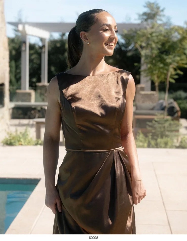 Chocolate satin sheath formal dress with cowl back.