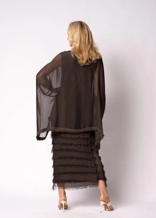 Chocolate Italian Silk mother of the bride dress with sleeve and frayed skirt.