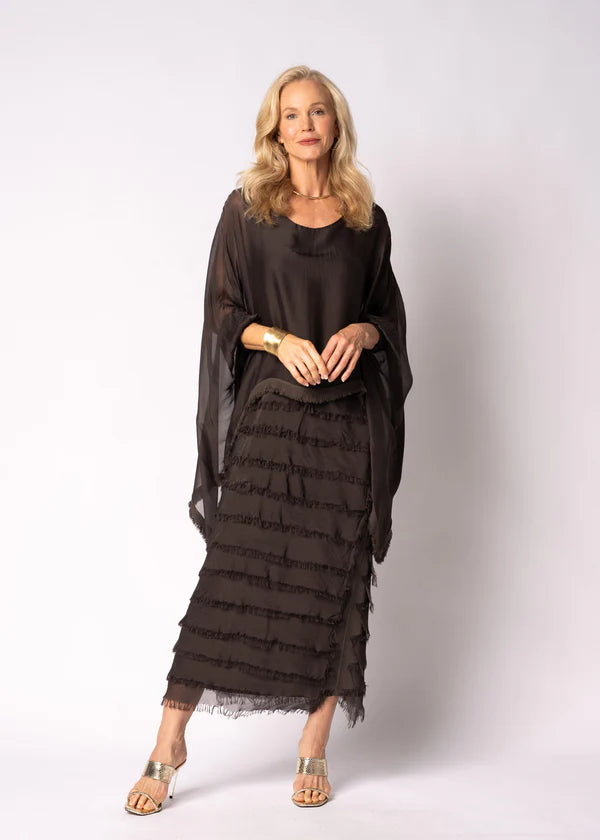 Chocolate Italian Silk mother of the bride dress with sleeve and frayed skirt.