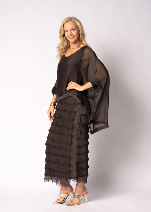 Chocolate Italian Silk mother of the bride dress with sleeve and frayed skirt.