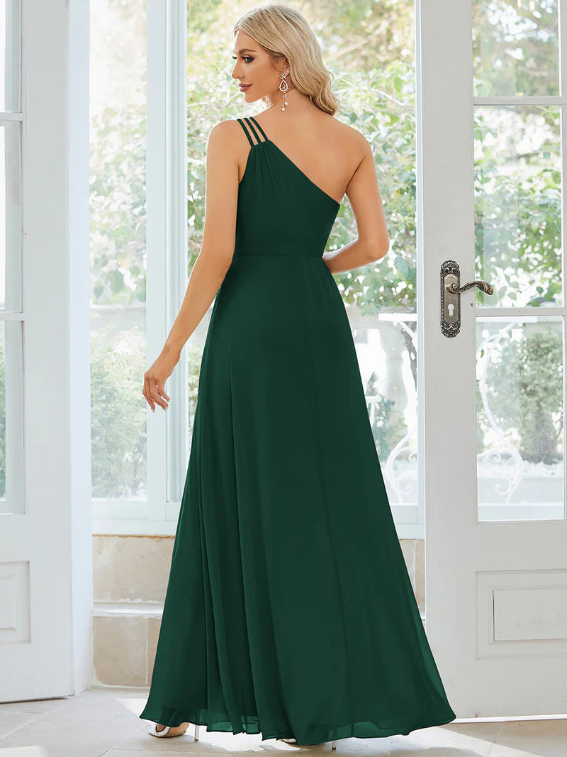 Dark green formal dress with one shoulder, beaded and chiffon.