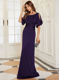 Deep purple formal dress short sleeves chiffon with silver detail.