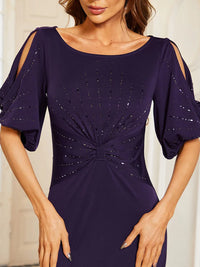 Deep purple formal dress short sleeves chiffon with silver detail.