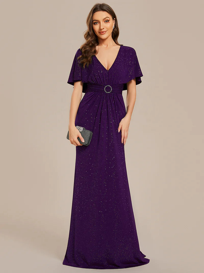 Deep purple sparkly v-neck short sleeve, maxi formal dress with belt.