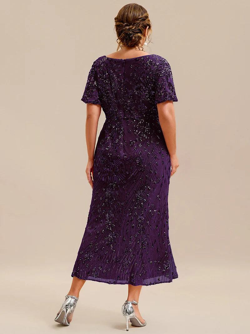 Deep purple mother of the bride plus size midi dress.