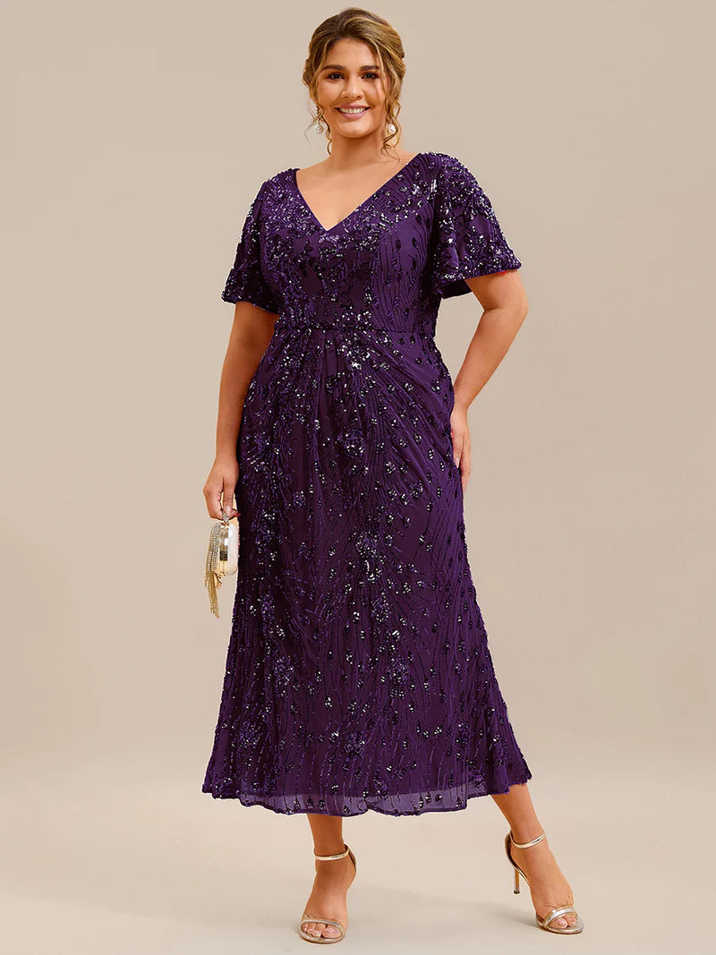 Deep purple mother of the bride plus size midi dress.