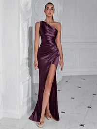 Deep Purple formal dress with one shoulder in satin with high split and mermaid tail finish. Graceful Elegance services Logan, Brisbane, Gold Coast, Scenic Rim.