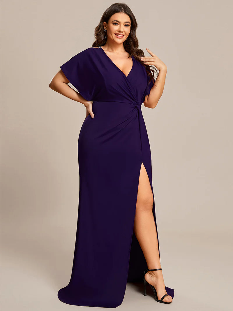 Deep Purple plus size formal dress with sparkle sleeve.