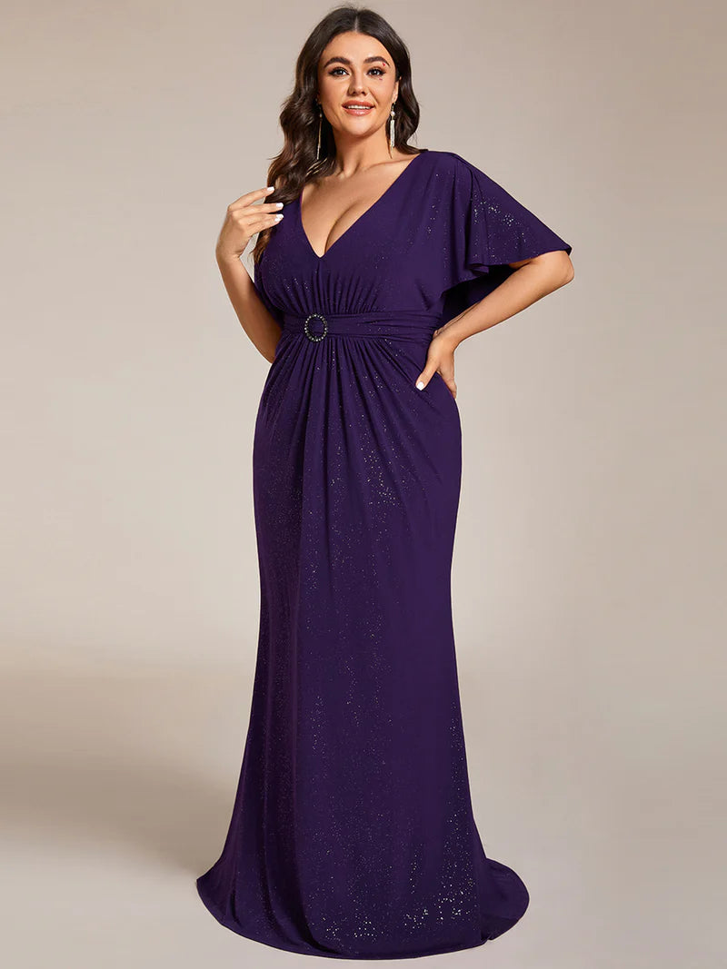 Deep purple plus size sparkly v-neck short sleeve, maxi  formal or mother of the bride dress with belt.