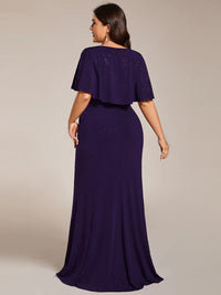 Deep purple plus size sparkly v-neck short sleeve, maxi  formal or mother of the bride dress with belt.