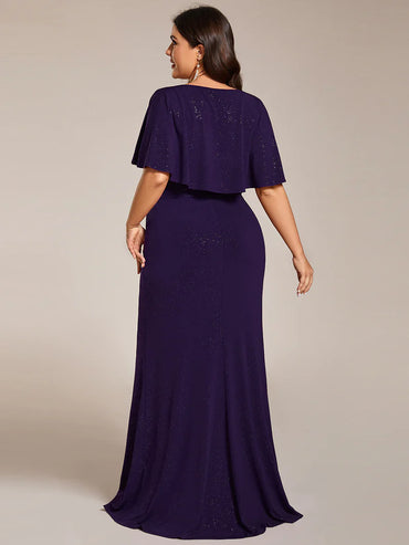 Deep purple plus size sparkly v-neck short sleeve, maxi  formal or mother of the bride dress with belt.