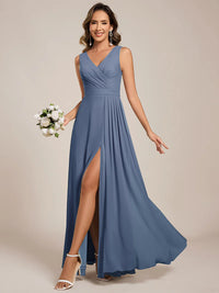 Dusty blue bridesmaid dress, sleeveless A-line chiffon dress with split.