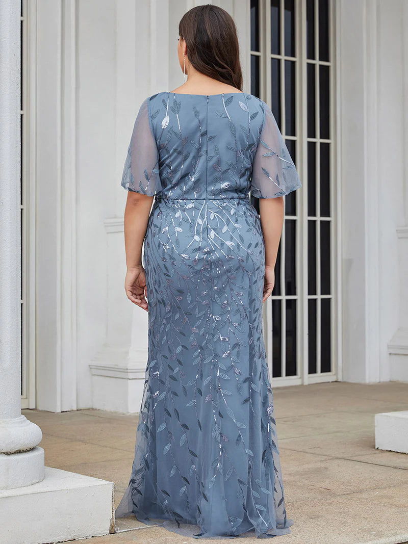 Dusty Blue Plus Size Mother of the bride dress with tulle, sequins and lace ruffle sleeves.