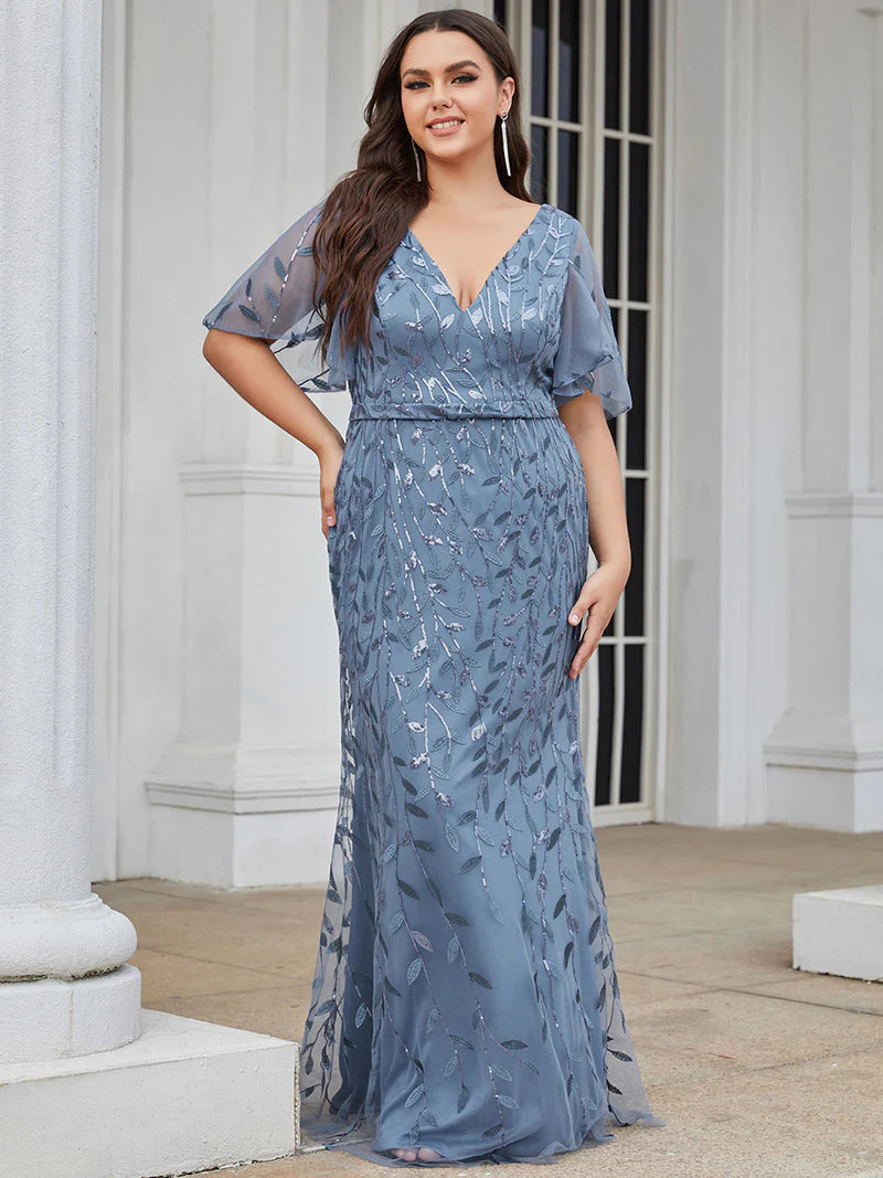 Dusty Blue Plus Size Mother of the bride dress with tulle, sequins and lace ruffle sleeves.