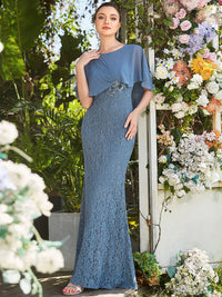 Dusty blue Mother of the Bride dress with fishtail finish, lace with chiffon cape ruffle sleeves. Graceful Elegance bridal shop services Logan, Brisbane, Gold Coast, Scenic Rim.