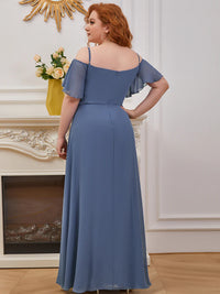 Dusty blue plus sized bridesmaid dress, off shoulder chiffon.