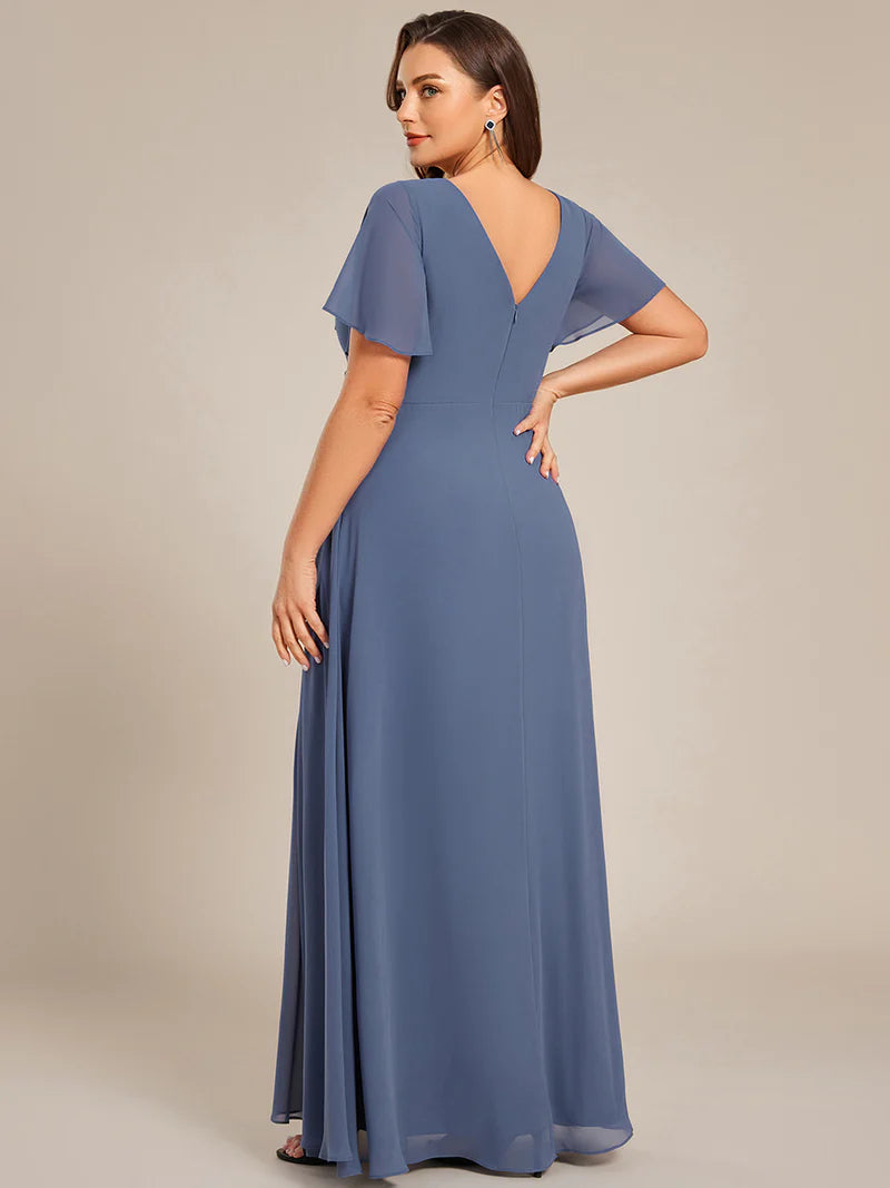 Dusty Blue plus size formal dress with sleeves and a hidden split.