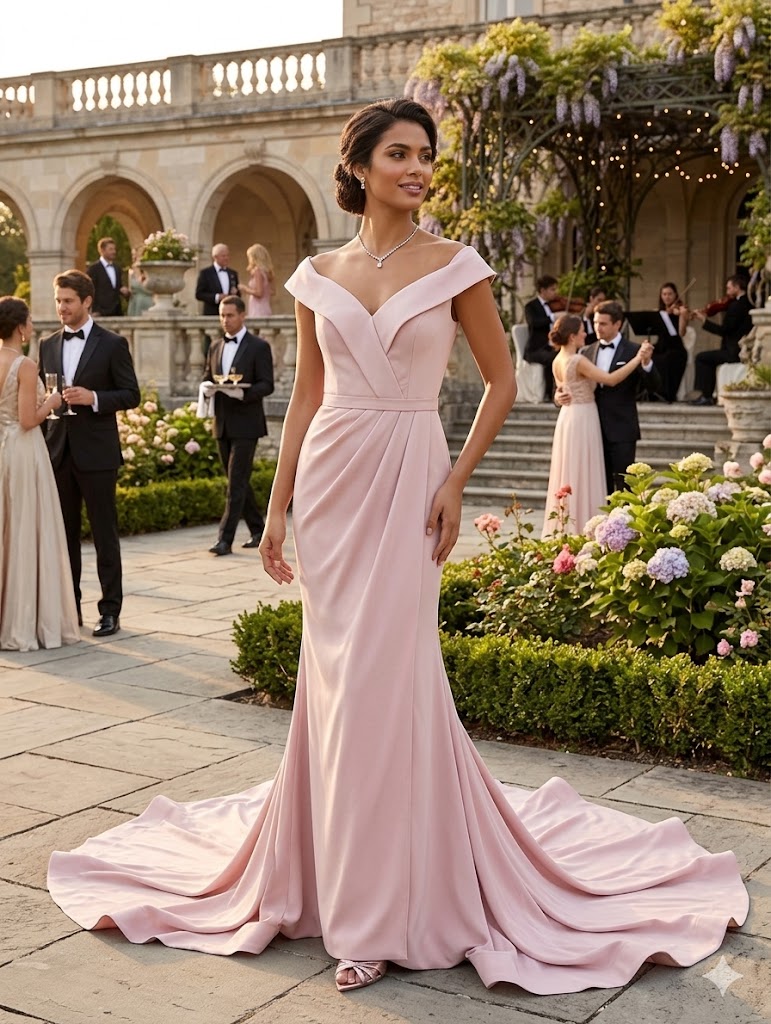 Dusty pink off the shoulder mermaid style formal dress.
