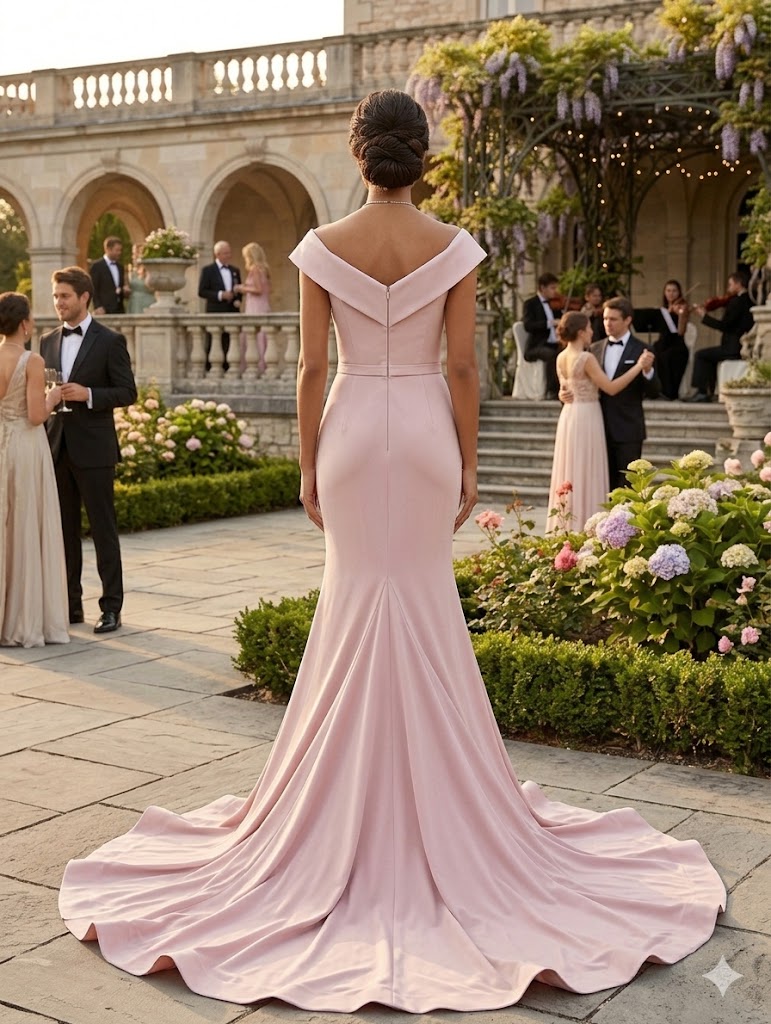 Dusty pink off the shoulder mermaid style formal dress.