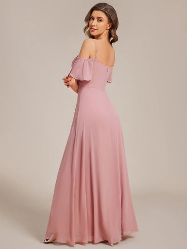 Dusty rose bridesmaid dress, off shoulder chiffon. 