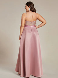 Dusty rose plus size hi low sleeveless satin formal or mother of the bride dress with bodice detailing.