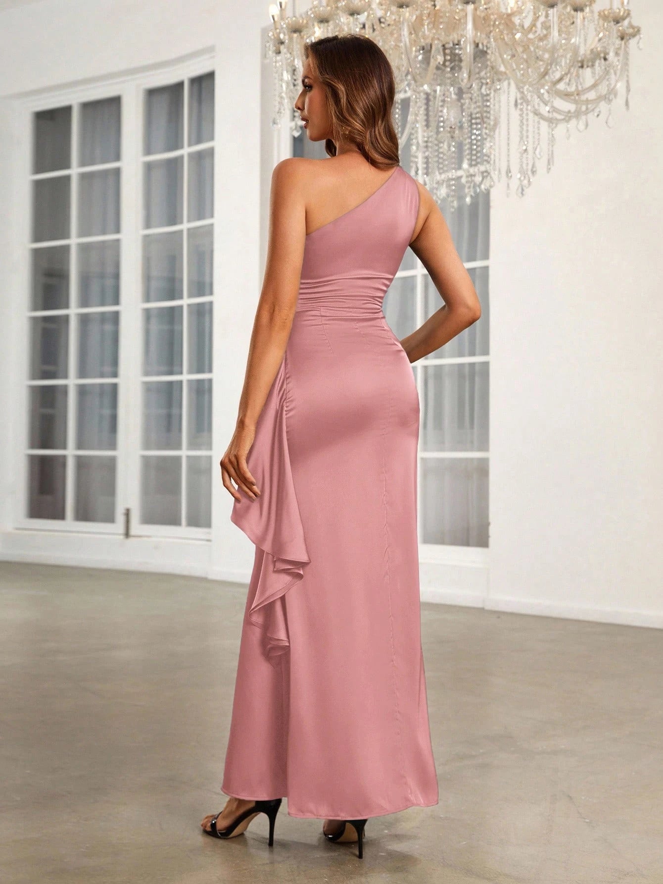 Dusty rose bridesmaid dress or formal dress with one shoulder in satin and ruffle side detail.