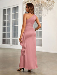 Dusty rose bridesmaid dress or formal dress with one shoulder in satin and ruffle side detail.