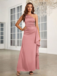 Dusty rose bridesmaid dress or formal dress with one shoulder in satin and ruffle side detail.