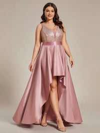 Dusty rose plus size hi low sleeveless satin formal or mother of the bride dress with bodice detailing.